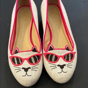 Charlotte Olympia Cream Cat Flats with Pink Accents